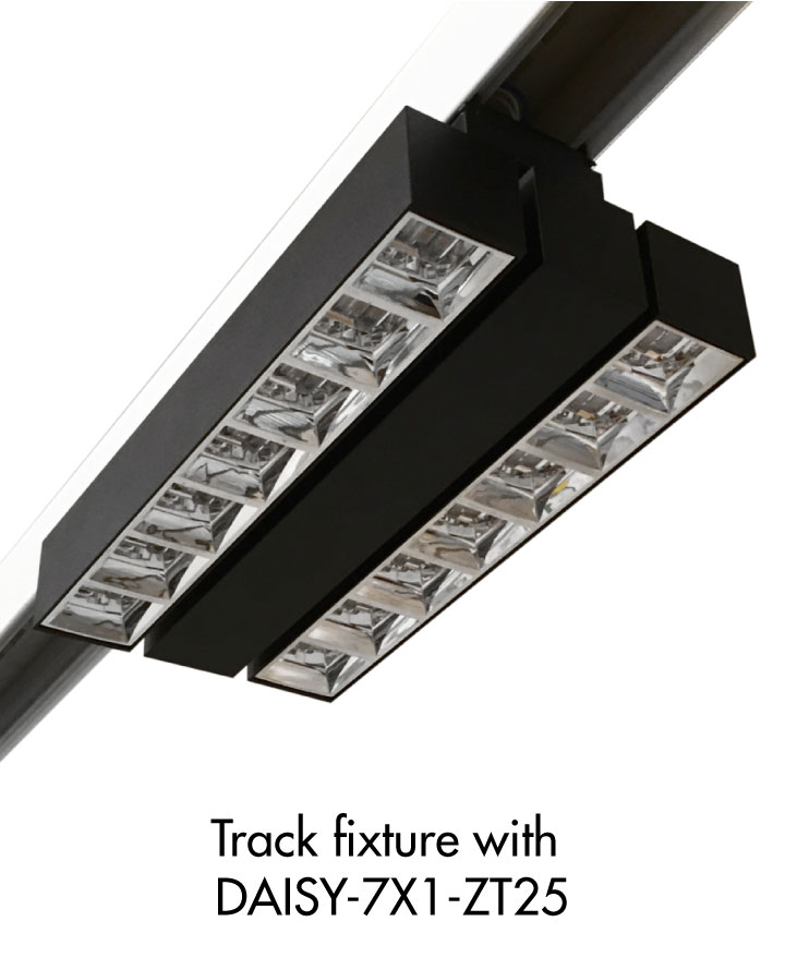 Track light luminaire example with LEDiL DAISY-7X1-ZT25 optics